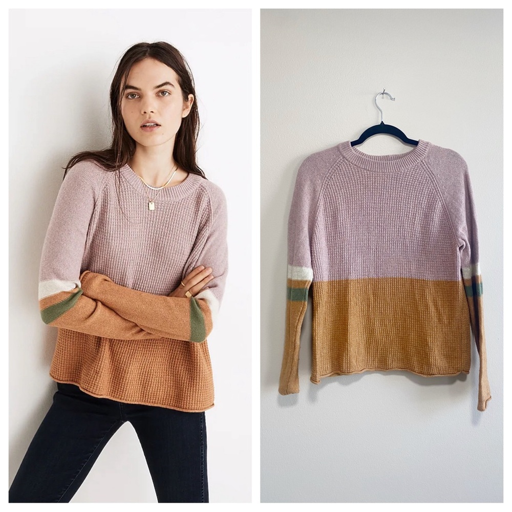 Madewell Striped Roll-Trim Waffle Pullover Sweater in Cotton-Merino Size XS